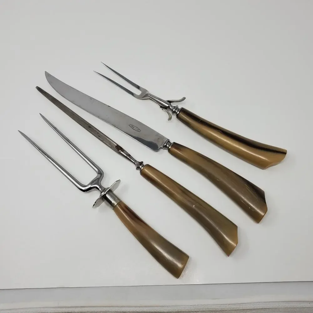 Vintage Wade & Butcher Antler Handle stainless steel knife and tong set